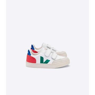 Kids' Veja V-12 LEATHER Sneakers White/Red | ZA 883FDN